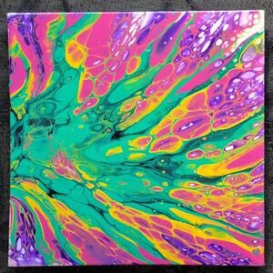 Handmade Acrylic Fluid Art  Bloom Pink Green Purple  Stretched Canvas 10"×10"